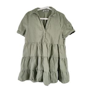 Zara Mini Tunic Shirt Dress Green Linen Blend Tiered Large Coastal Cottage
